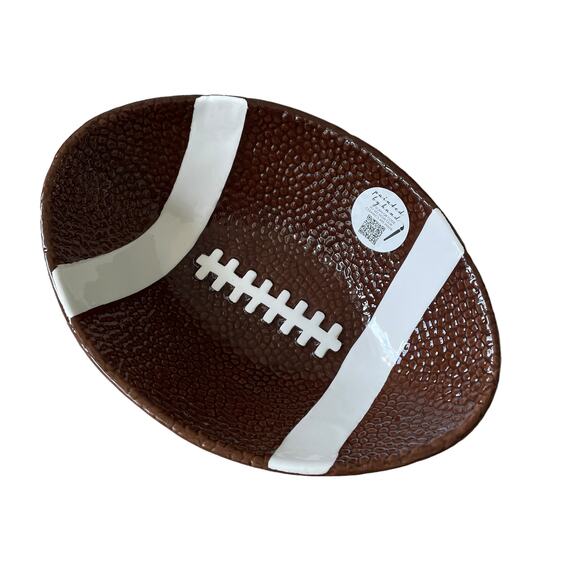 LANG Hand Painted Ceramic FOOTBALL Shaped Serving Bowl Brown White Decor NEW - Picture 2 of 14